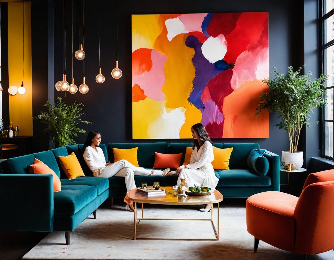 An intimate and vibrant social gathering of diverse couples engaging in joyful conversations, set in a stylish, modern lounge. Soft lighting highlights the warmth and connection between individuals, with subtle hints of playfulness and romance in the air. Include elements that suggest open-mindedness, like colorful cocktails and cozy seating. Feature a backdrop with abstract art to evoke an atmosphere of freedom and exploration. super-realistic. vibrant colors. cozy ambiance.