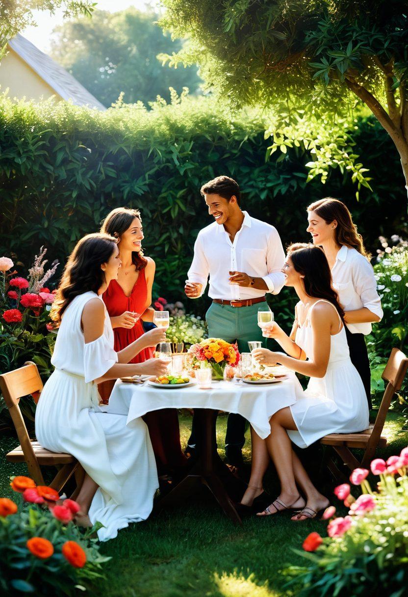 A romantic scene of two couples exchanging partners in a sunlit garden, surrounded by lush greenery and colorful flowers. The couples are laughing and sharing drinks, showcasing a playful and adventurous atmosphere. Soft lighting creates an intimate setting, while a picnic setup and candles add a whimsical touch. Emphasize vibrant colors to evoke joy and passion. super-realistic. vibrant colors. romantic ambiance.